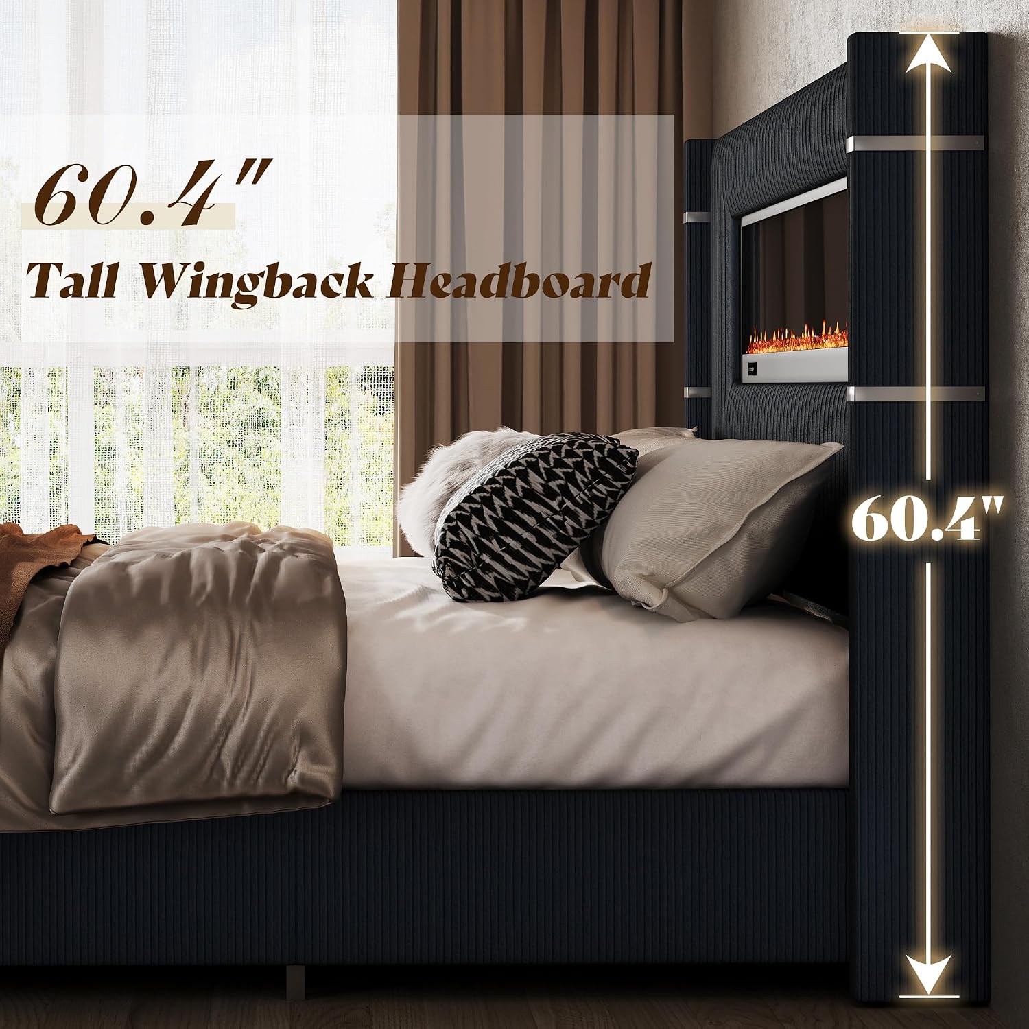 AMERLIFE Modern Queen Size Bed Frame with Fireplace, Corduroy Upholstered Bed Frame with 60.4' Extra Tall Wingback Headboard, Wingback Platform Bed Frame with Wooden Slats/No Box Spring Needed, Black