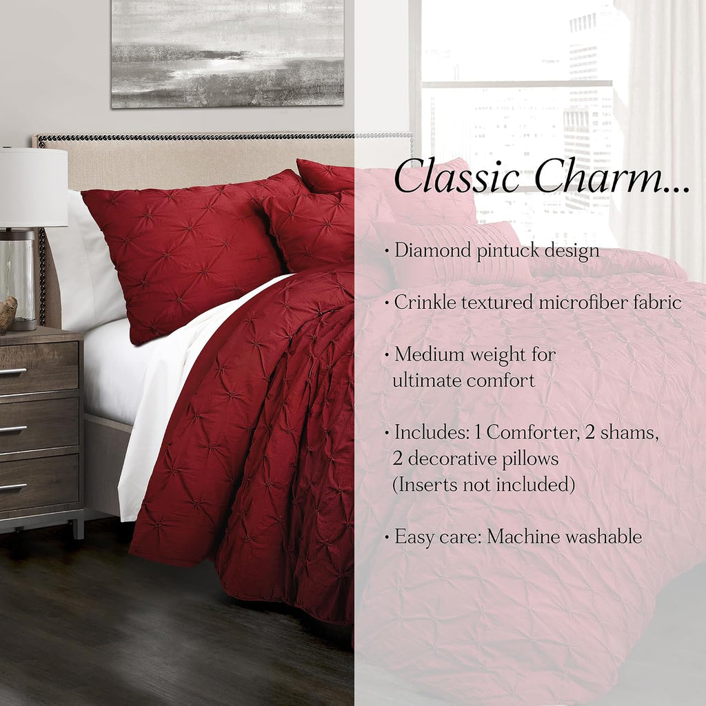Lush Decor Ravello Pintuck Comforter Set - Luxe 5 Piece Textured Bedding Set - Traditional Glam & Farmhouse Inspired Bedroom Decor - King, Red