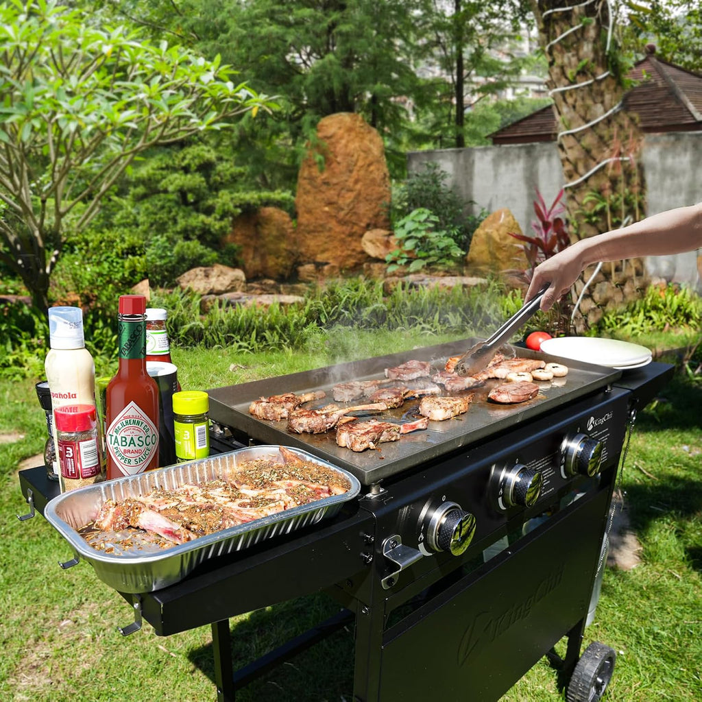 KingChii 28' 3-Burner Griddle with Counter Height Side Shelves, Powder Coated Steel, Black