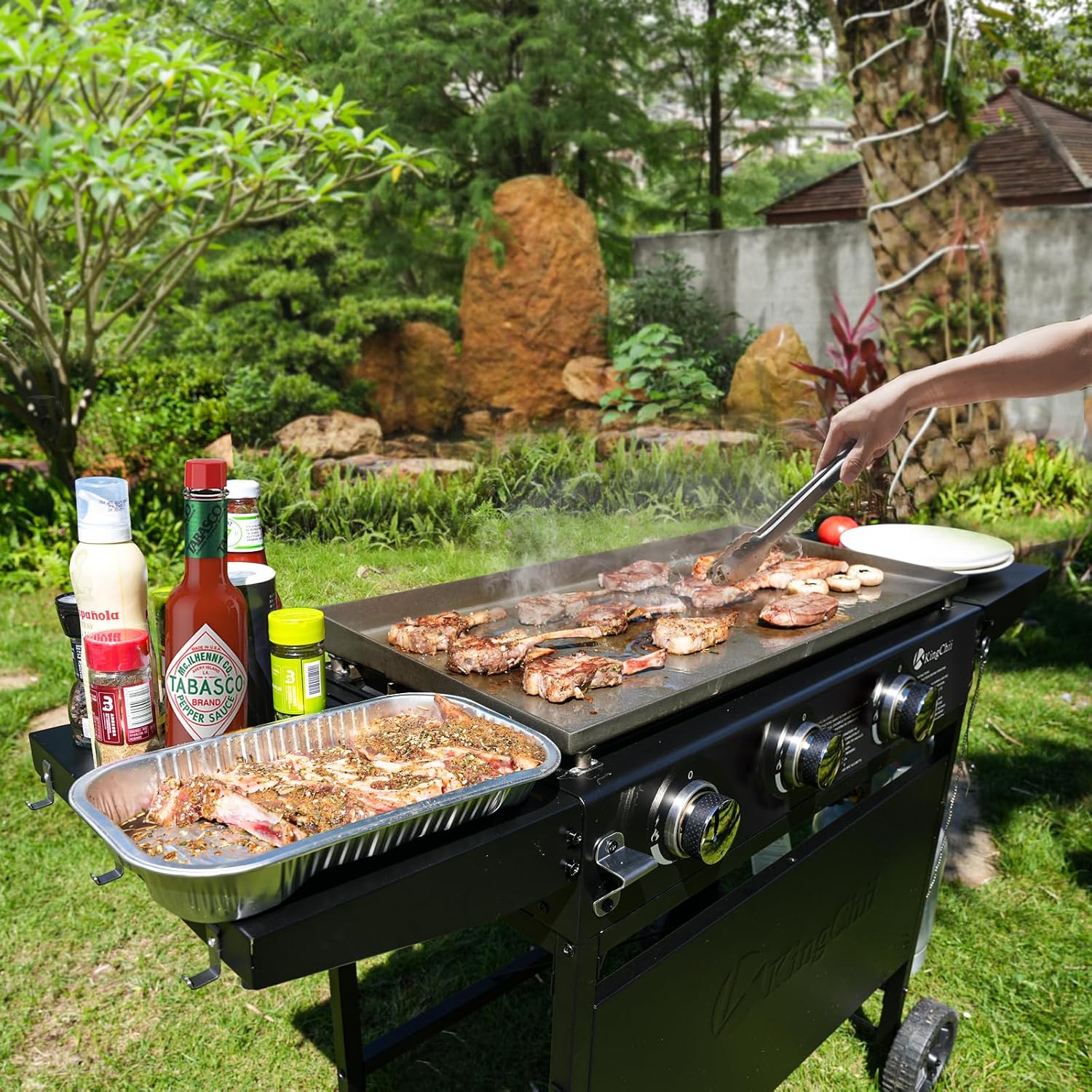 KingChii 28' 3-Burner Griddle with Counter Height Side Shelves, Powder Coated Steel, Black