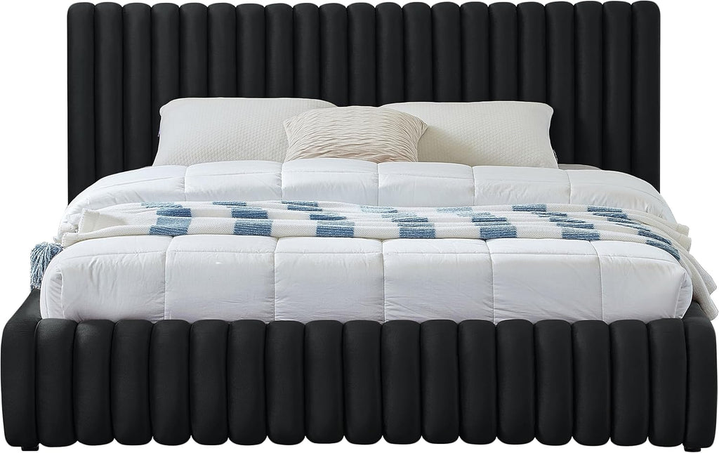 Meridian Furniture NicoBlack-K Nico Collection Modern | Contemporary Velvet Upholstered King Bed with Rich Black Velvet and Deep Channel Tufting, 89' W x 91' D x 38' H, Black, King