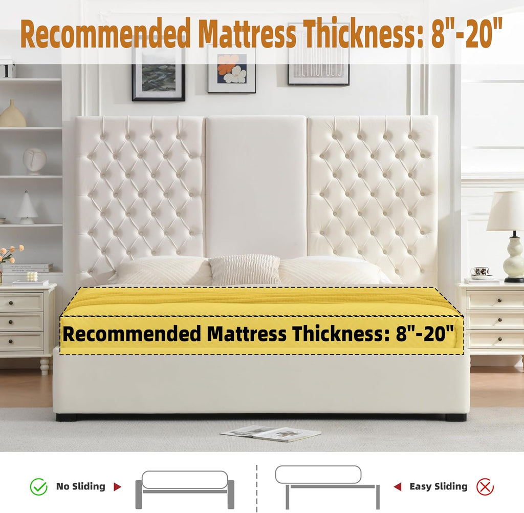 King Size Bed Frame with 63' Tall Headboard, Velvet Fabric Upholstered Platform Bed with 2 Large Storage Drawers, Deep Button Tufted, Wooden Slats, Easy Assembly, No Box Spring Needed, Cream