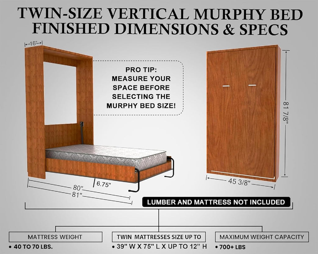 Murphy Bed Full Size DIY Hardware Kit – Horizontal Wall Bed Kit | Full Double Murphy Bed Frame - Made in USA - Easy DIY Full Murphy Bed Hardware Kit - Hide Away Bed - Space Saving Pull Down
