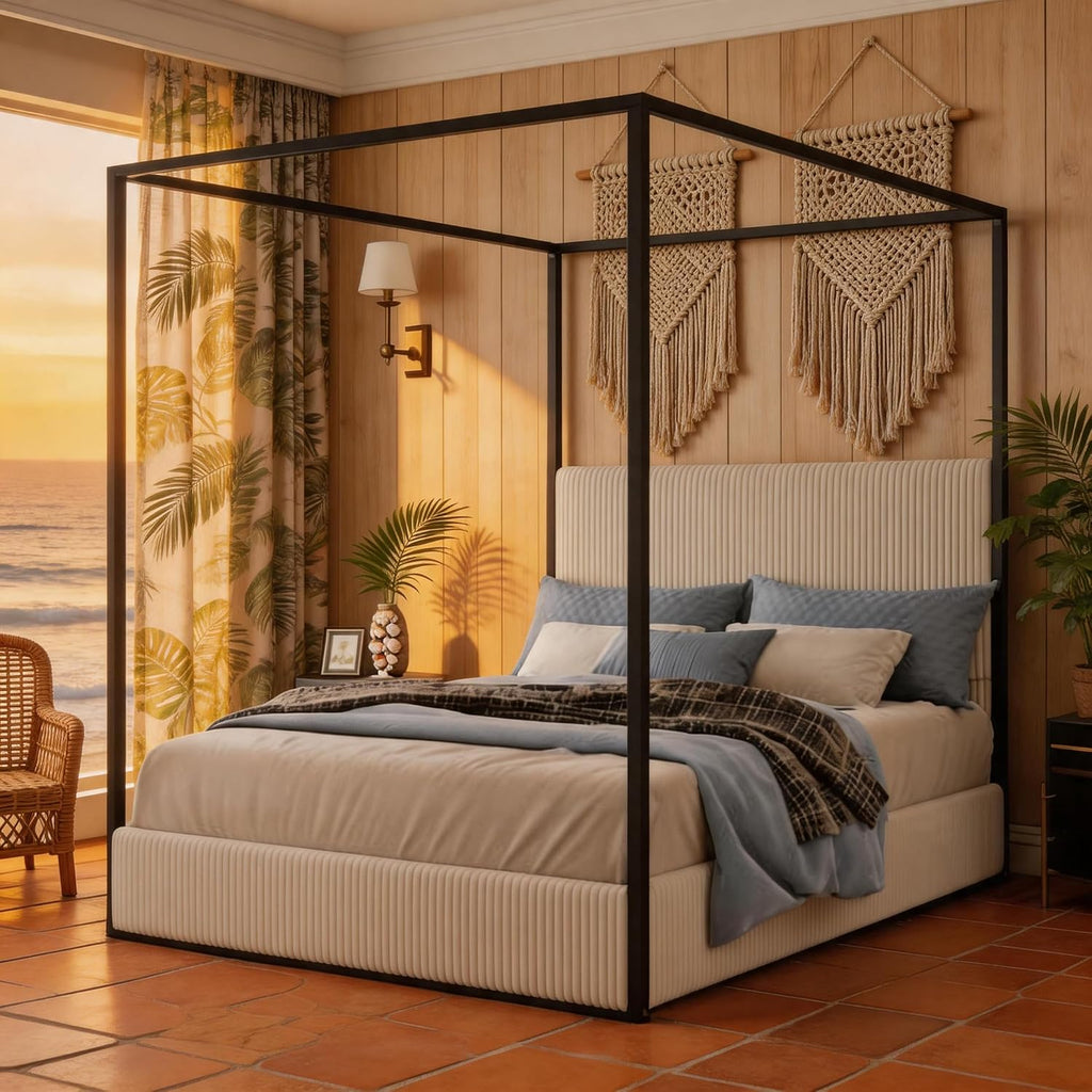 Queen Size Canopy Bed with Tall Upholstered Channel Headboard, Metal 4 Poster Upholstered Bed, No Box Spring Needed (Black + White, Queen)