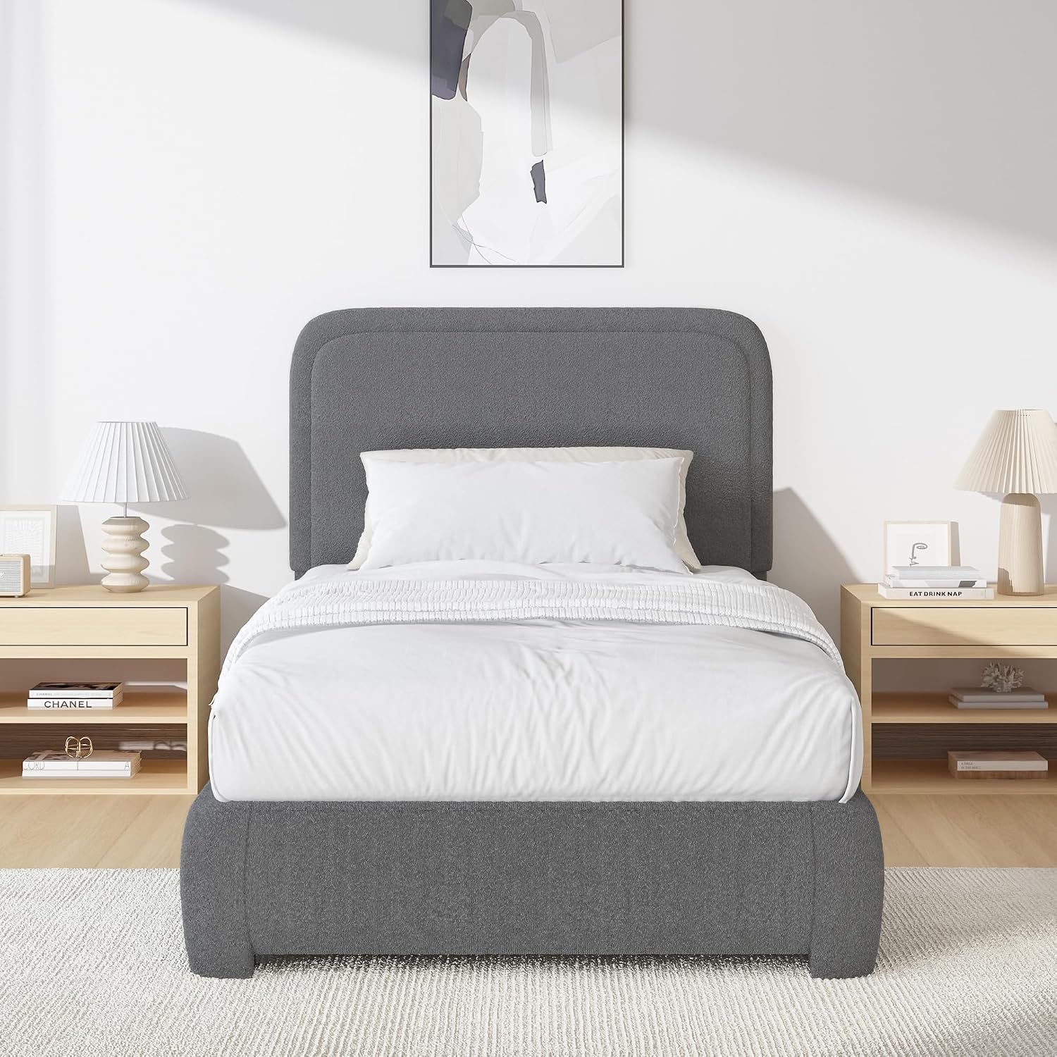 BarnFurin Twin Size Bed Frame, Boucle Upholstered Platform Bed Frame with Headboard, Soft Rounded Corners, No Box Spring Required, Non-Slip and Noise-Free, Easy Assembly, Dark Grey
