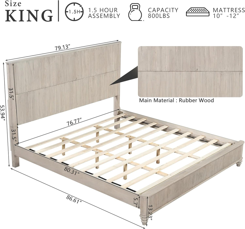 King Size Solid Wood Platform Bed Frame, Wood Platform Bed Frame with 79.13' Headboard, Solid Wood Leg/No Box Spring Needed/Noise Free/Beige