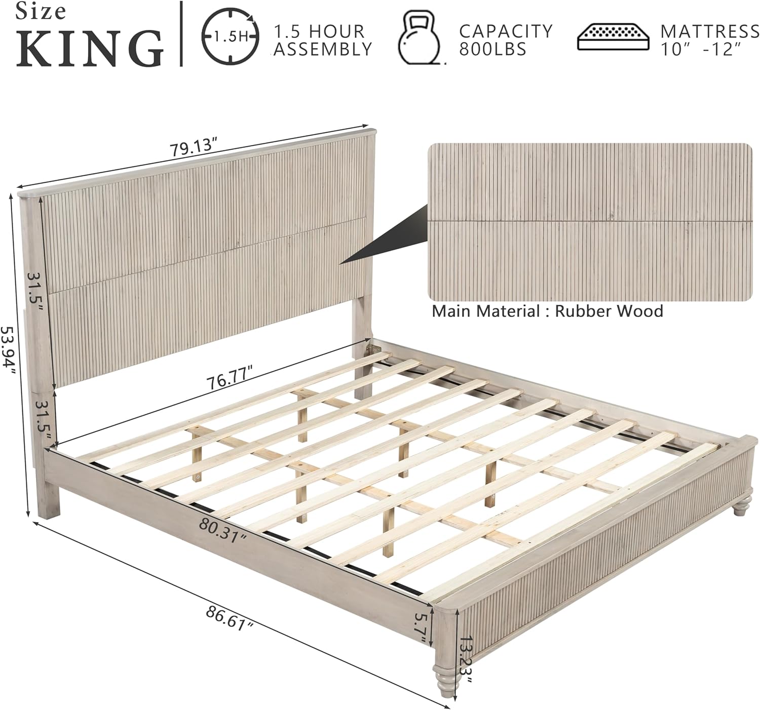 King Size Solid Wood Platform Bed Frame, Wood Platform Bed Frame with 79.13' Headboard, Solid Wood Leg/No Box Spring Needed/Noise Free/Beige