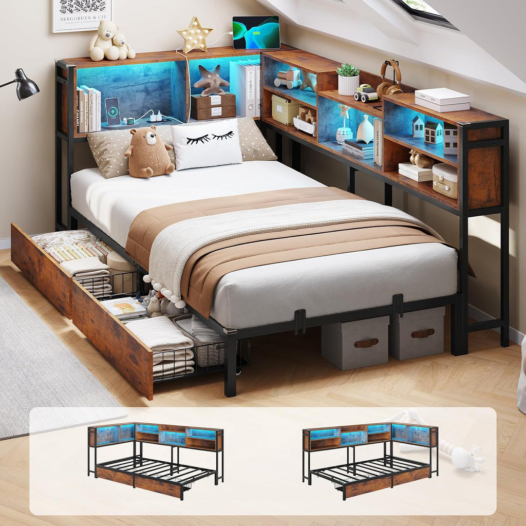 DICTAC Twin Corner Bed Frame with Bookcase Storage Headboard and Led Lights Twin Size Metal Platform Bed Frames with 2 Drawers and Charging Station,Twin Size Daybed with Storage for Kids Teen,Rustic