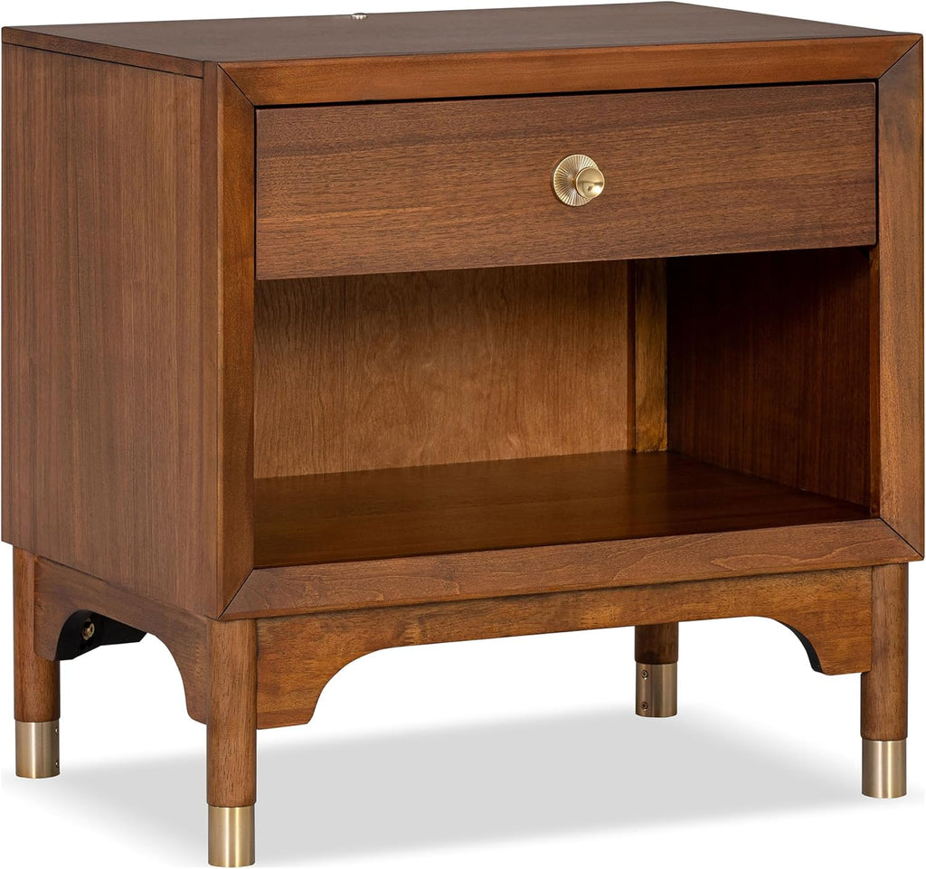 Furniture of America Forma Modern Solid Wood 4-Piece Bedroom Set with Upholstered Bed with LED Lights, Ball-Bearing Glide on Nightstand and Dresser with Mirror, No Box Spring Needed, King, Walnut