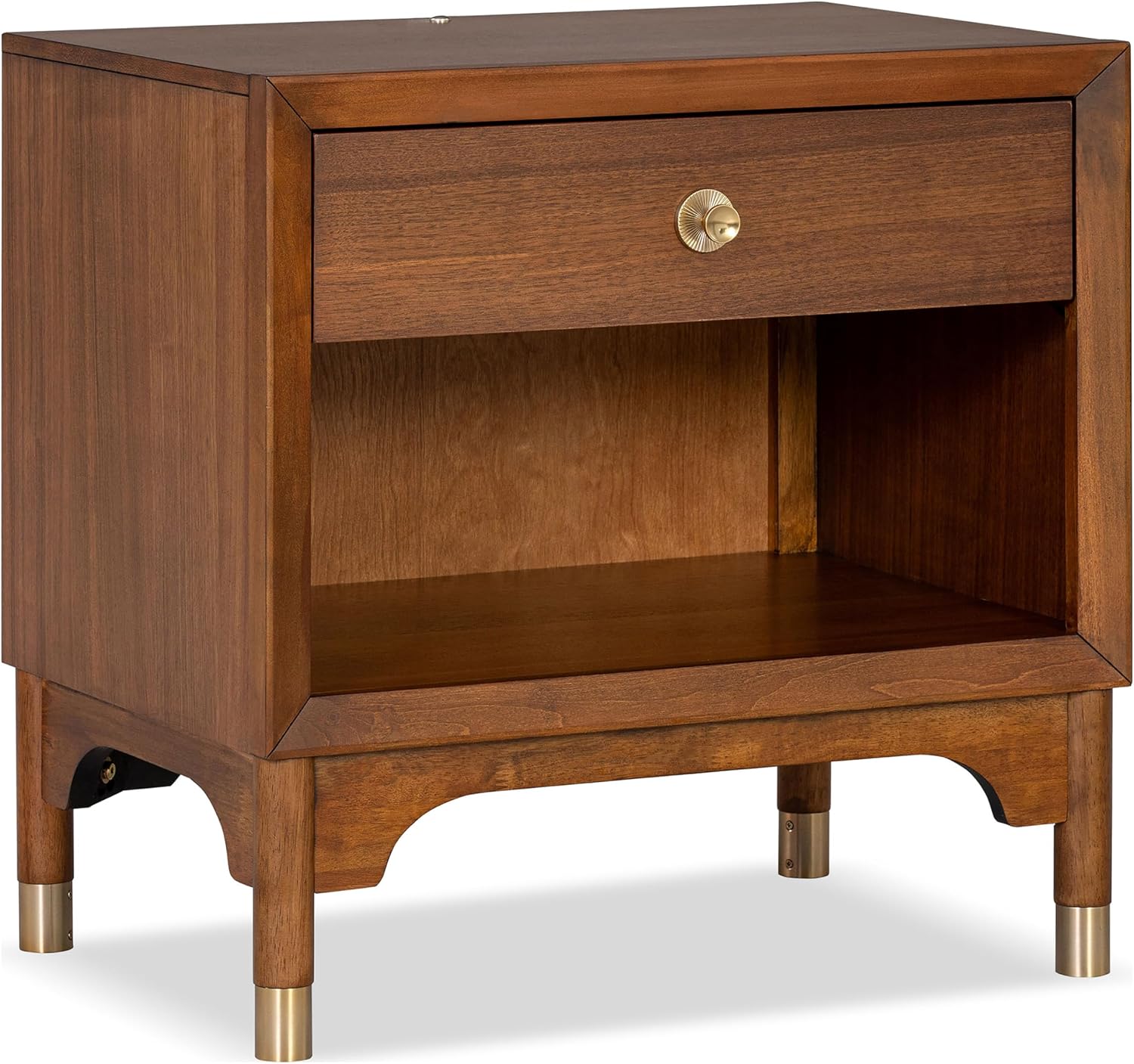 Furniture of America Forma Modern Solid Wood 4-Piece Bedroom Set with Upholstered Bed with LED Lights, Ball-Bearing Glide on Nightstand and Dresser with Mirror, No Box Spring Needed, Queen, Walnut