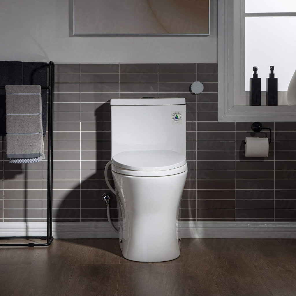WOODBRIDGE T-0045 Modern One Piece Elongated High Effiency Toilet with Manual Operated Soft-Closed Bidet Seat, White