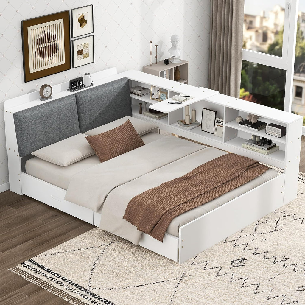 Harper & Bright Designs Full Size Daybed with 2 Storage Drawers and Bookcase,Wood L Shaped Full Platform Bed Frame with Shelves, Full Sofa Bed Frame with Slats Support, No Box Spring Needed, White
