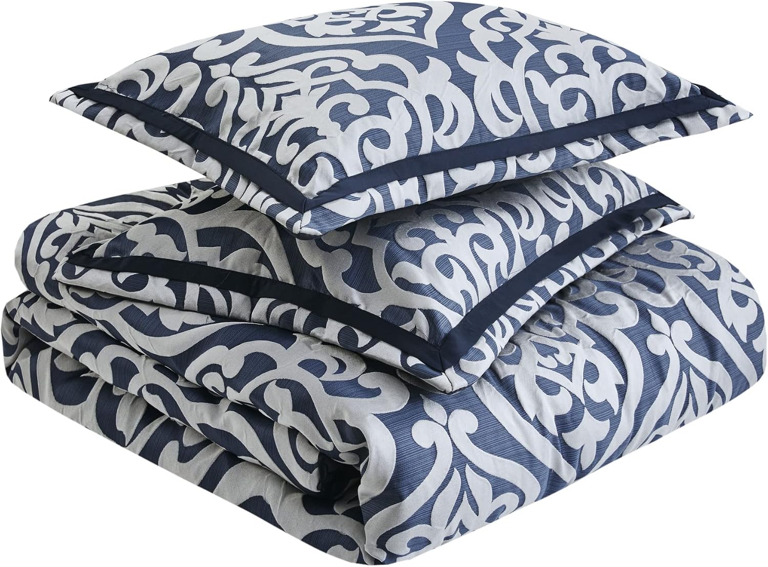 Madison Park Tesla Cozy Comforter Set Jacquard Damask Medallion Design - All Season Down Alternative Bedding, Shams, Bedskirt, Decorative Pillows, King, Navy 6 Piece