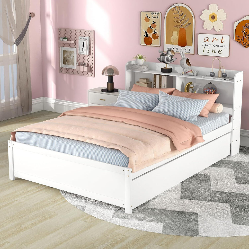 Full Size Bed Frame with Trundle,Captain's Bed Full with Bookcase Headboard for Kids,Trundle Bed with Storage for Kids,Teens,Adults(White)
