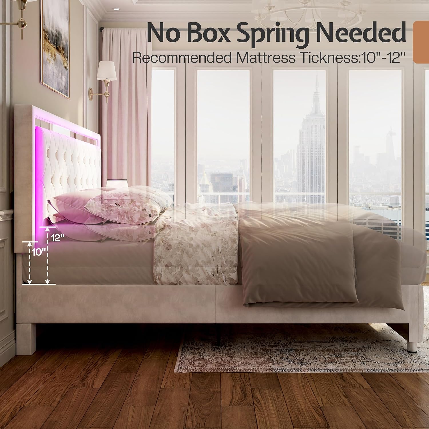 Jocisland Full Bed Frame with LED Lights Headboard&Footboard, Velvet Upholstered Full Size Platform Bed Frame No Box Spring Needed/Cream
