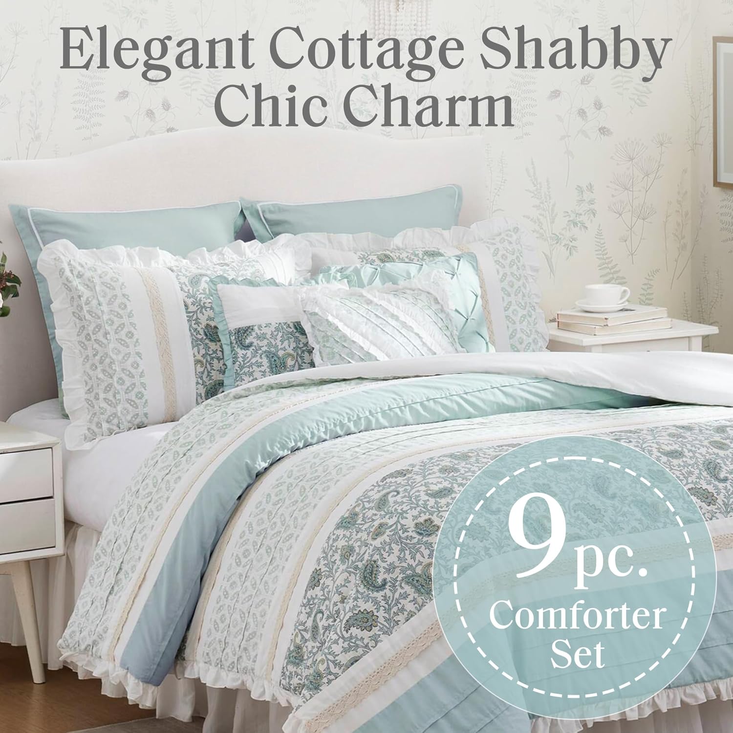 Madison Park Dawn 100% Cotton Shabby Chic Comforter Set-Modern Cottage Design All Season Down Alternative Bedding, Matching Shams, Bedskirt, Decorative Pillows, King(104'x92'), Aqua 9 Piece