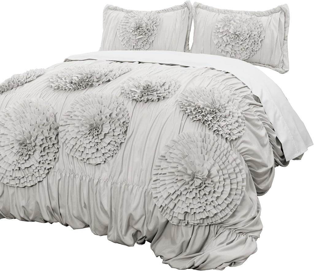 Lush Decor Serena Comforter Set, 3 Piece Set, King, Light Gray - Cute Comforter - King Bedding Set - Gray Comforter King Size - Coquette Decor