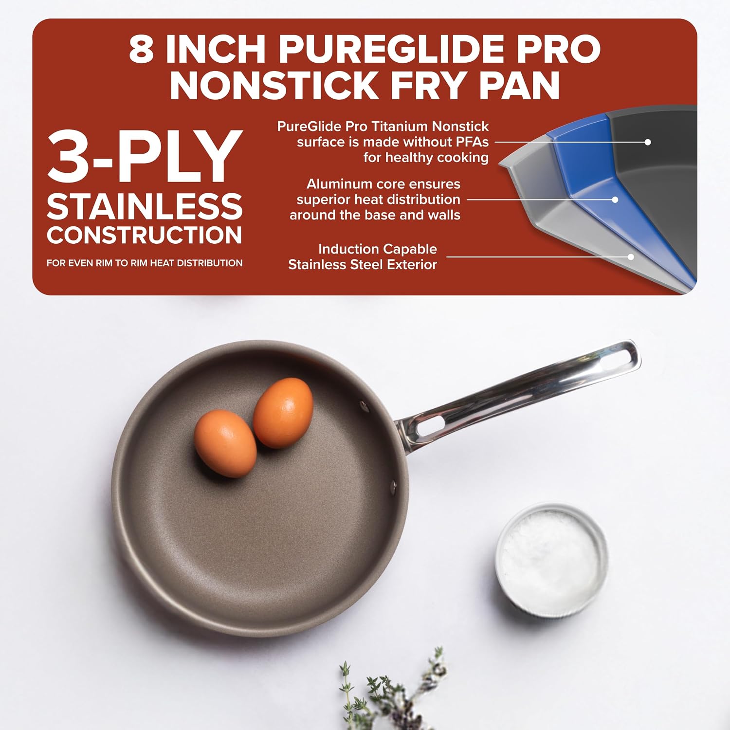Viking PureGlide Pro 3-Ply Nonstick Frying Pan, Made without PFAS, 8-Inch Induction Cookware, Metal Utensil Safe Titanium Nonstick Surface, Oven Safe to 600F