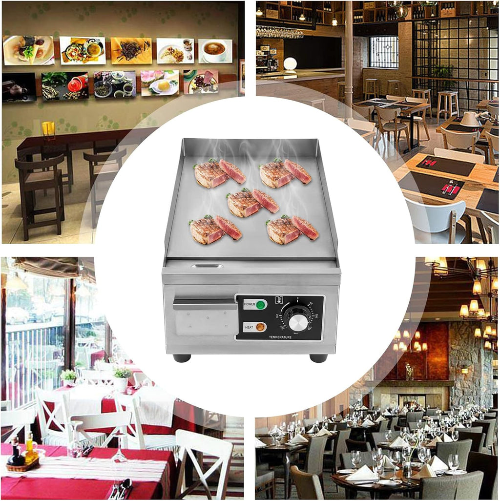 1300W Commercial Electric Griddle, 15in Countertop Grill with Non-Stick Flat Top, Adjustable Temperature Control 122°F-572°F, Stainless Steel Large Grill for Restaurant/Shop