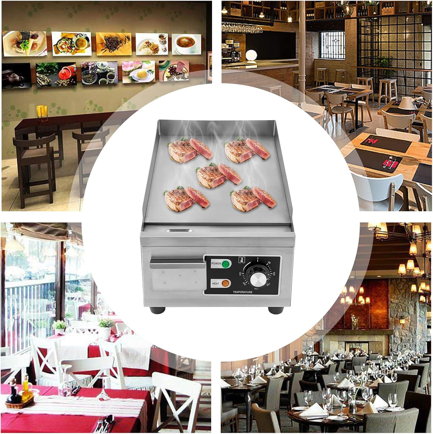 1300W Commercial Electric Griddle, 15in Countertop Grill with Non-Stick Flat Top, Adjustable Temperature Control 122°F-572°F, Stainless Steel Large Grill for Restaurant/Shop