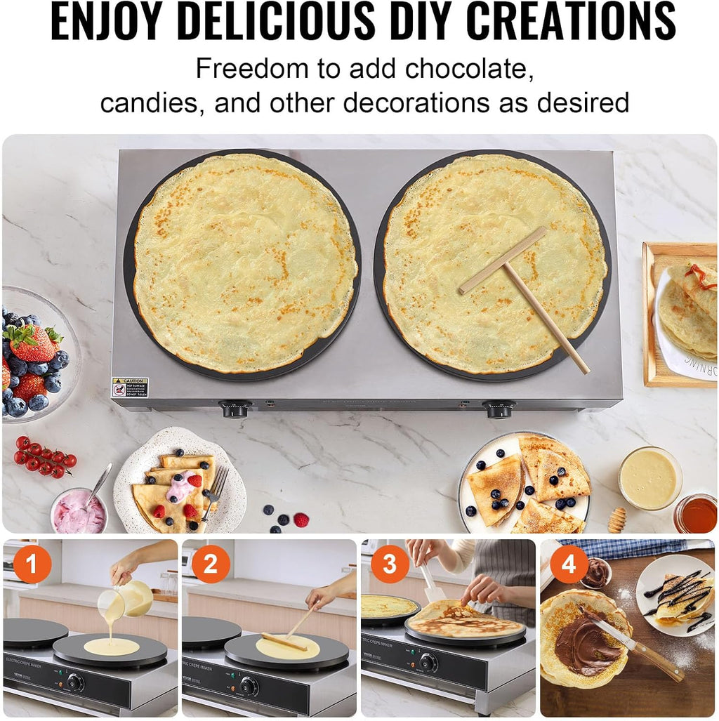 VEVOR Electric Crepe Maker, 16-Inch Double Head Commercial Crepe Machine, 3400W Flat Plate Crepe Griddle, Nonstick Stainless Steel Pancake Making, Desktop Circular Cereals Pancake Stove, AC120V 60Hz