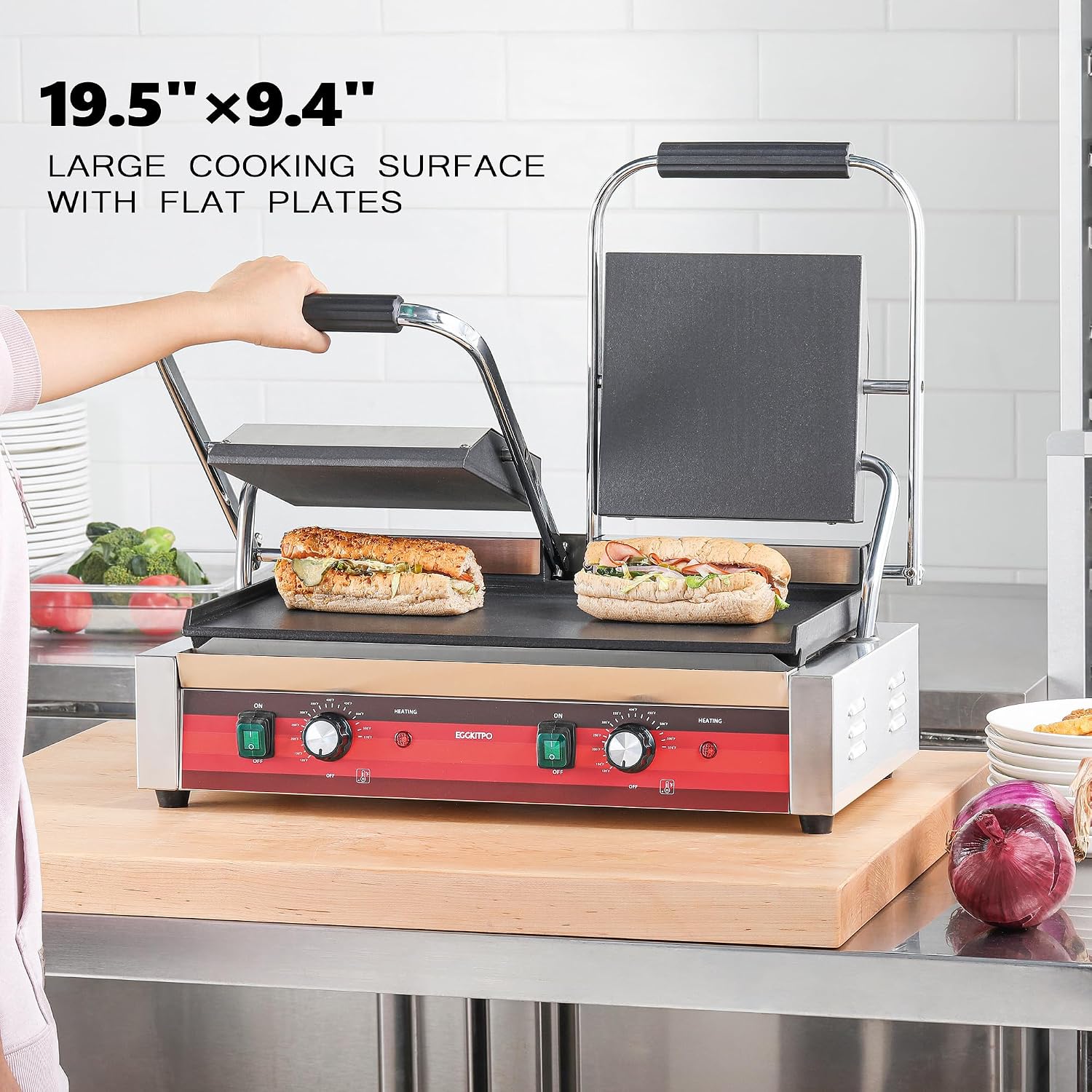 EGGKITPO Commercial Dual Panini Press with 2 Flat Plates Electric Panini Grill with Temperature Control and Handle 19.5' ×9.4' Large Cast Iron Sandwich Maker for Kitchen Business 110V 3400W