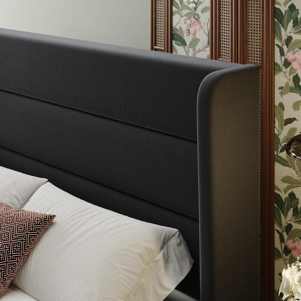 SHA CERLIN King Size Velvet Bed Frame with Wingback Headboard/Upholstered Platform Bed with Wooden Slats/Mattress Foundation/No Box Spring Needed/Easy Assembly/Black