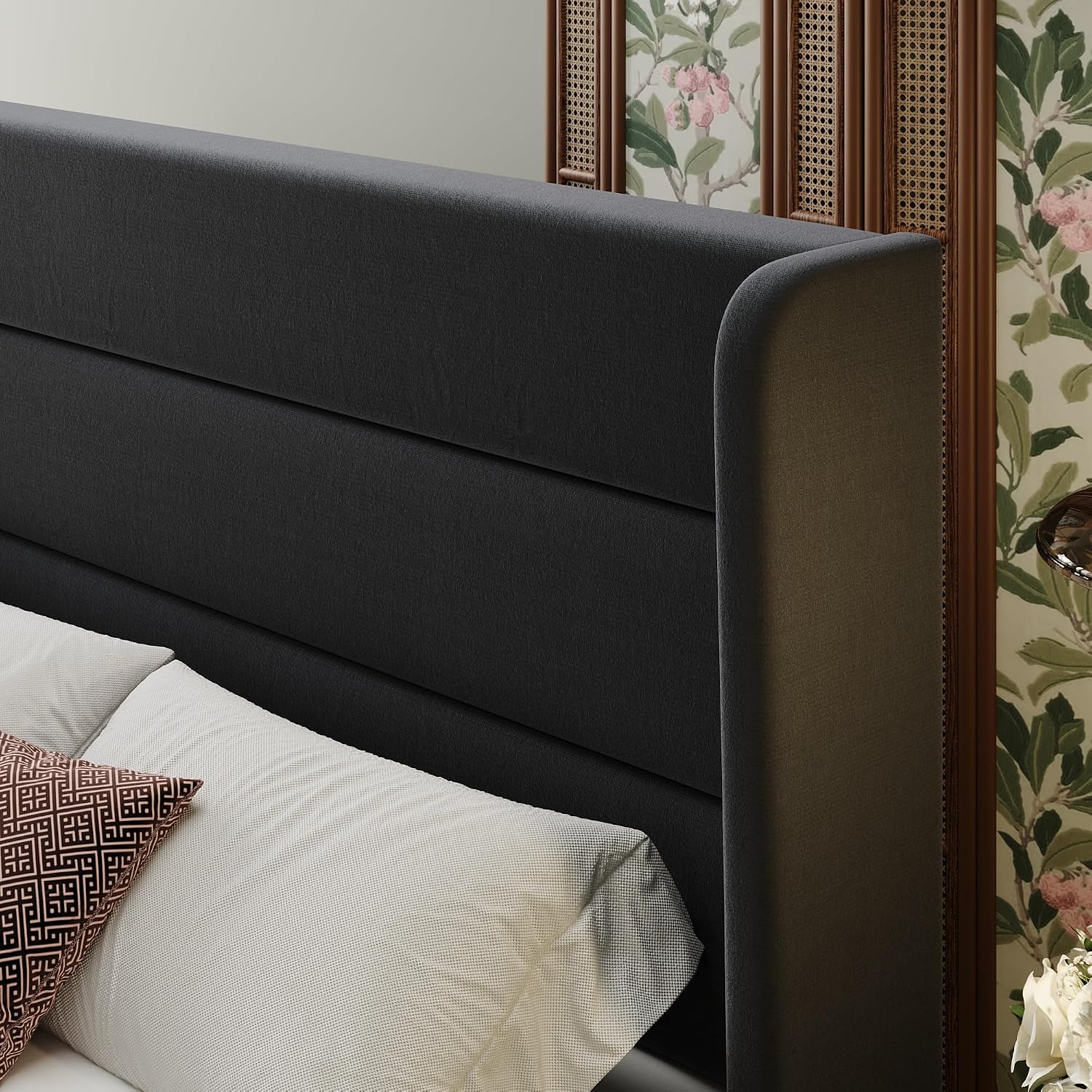 SHA CERLIN King Size Velvet Bed Frame with Wingback Headboard/Upholstered Platform Bed with Wooden Slats/Mattress Foundation/No Box Spring Needed/Easy Assembly/Black