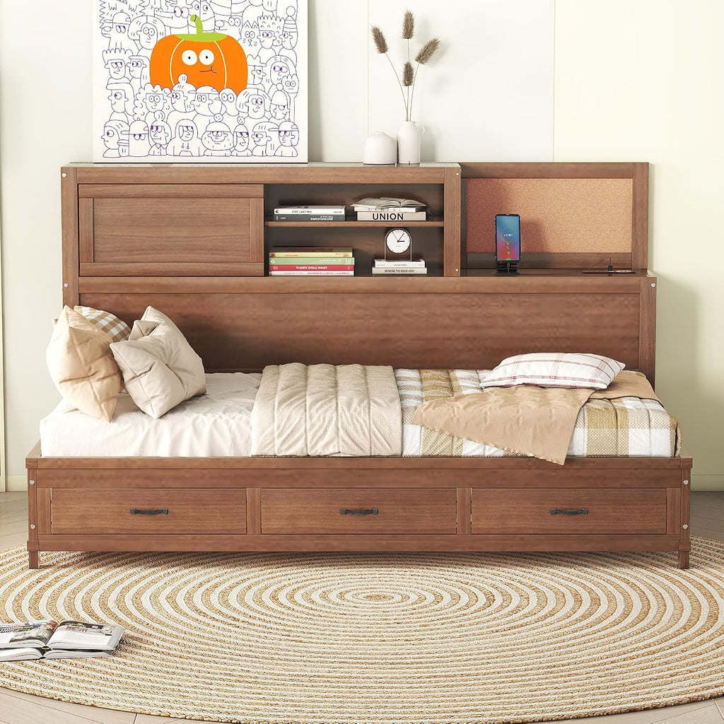 Merax Twin Size Wooden Daybed with 3 Storage Drawers,Headboard with Shelf,A Set of Sockets and USB Ports,Brown
