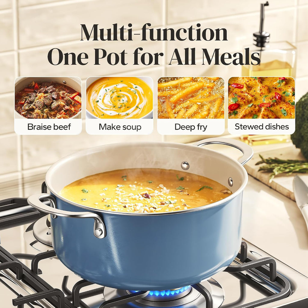 Redchef 5 QT Ceramic Stock Pot with Lid, 5QT Ceramic Saute Pan, Stay-Cool Handles, Dishwasher & Oven Safe, PFAS PFOA & PTFE Free (Blue)