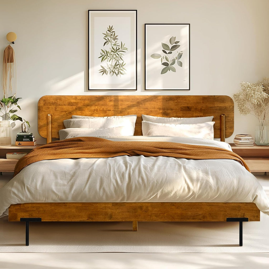 Acacia Frida Queen Bed Frame with Headboard Solid Wood Platform Bed, Tall Headboard Natural Wood Bed Compatible with All Mattress Types, No Box Spring Needed Quick & Easy Assembly, Caramel