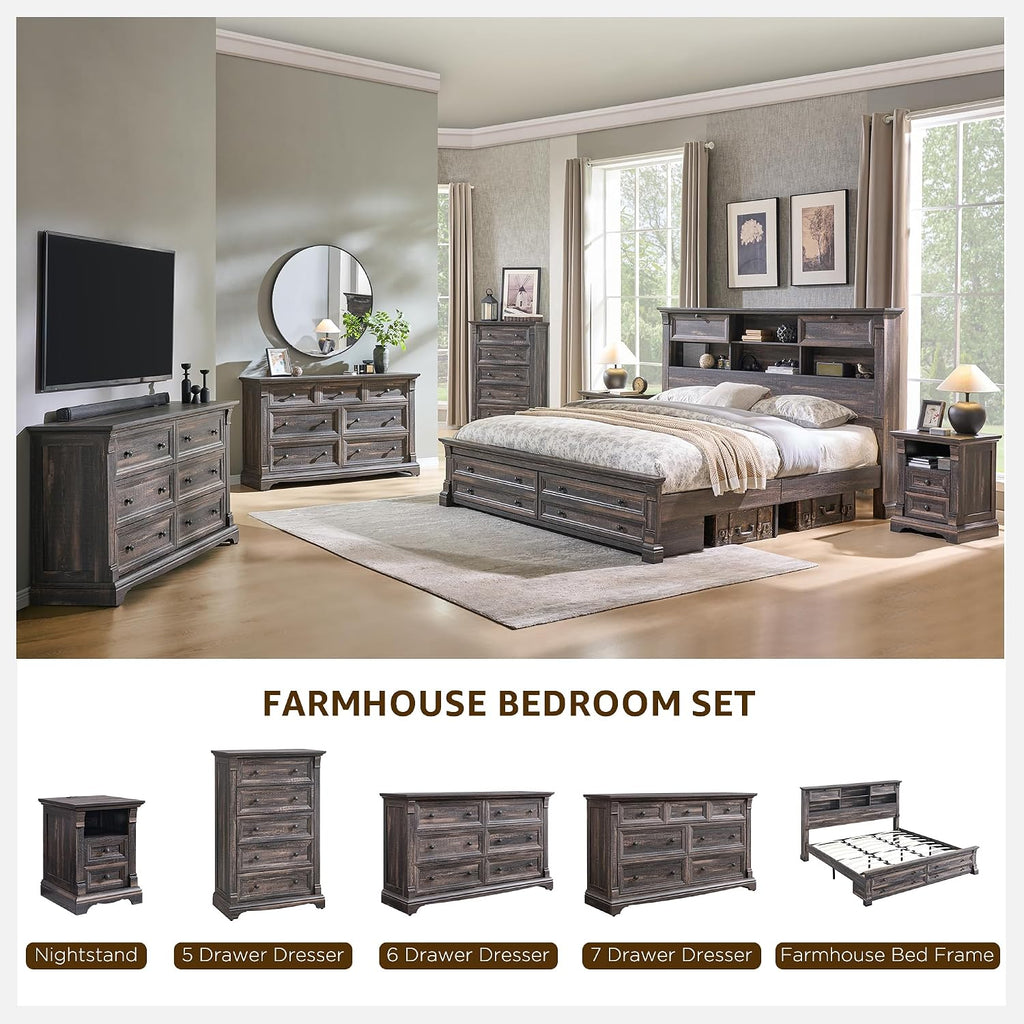 Farmhouse King Size Bed Frame with 54' Tall Storage Bookcase Headboard, Wood Platform Bed Frame with 18' Tall Roman Column Decoration Footboard & 2 Drawers, No Box Spring Needed(Dark Rustic Oak)