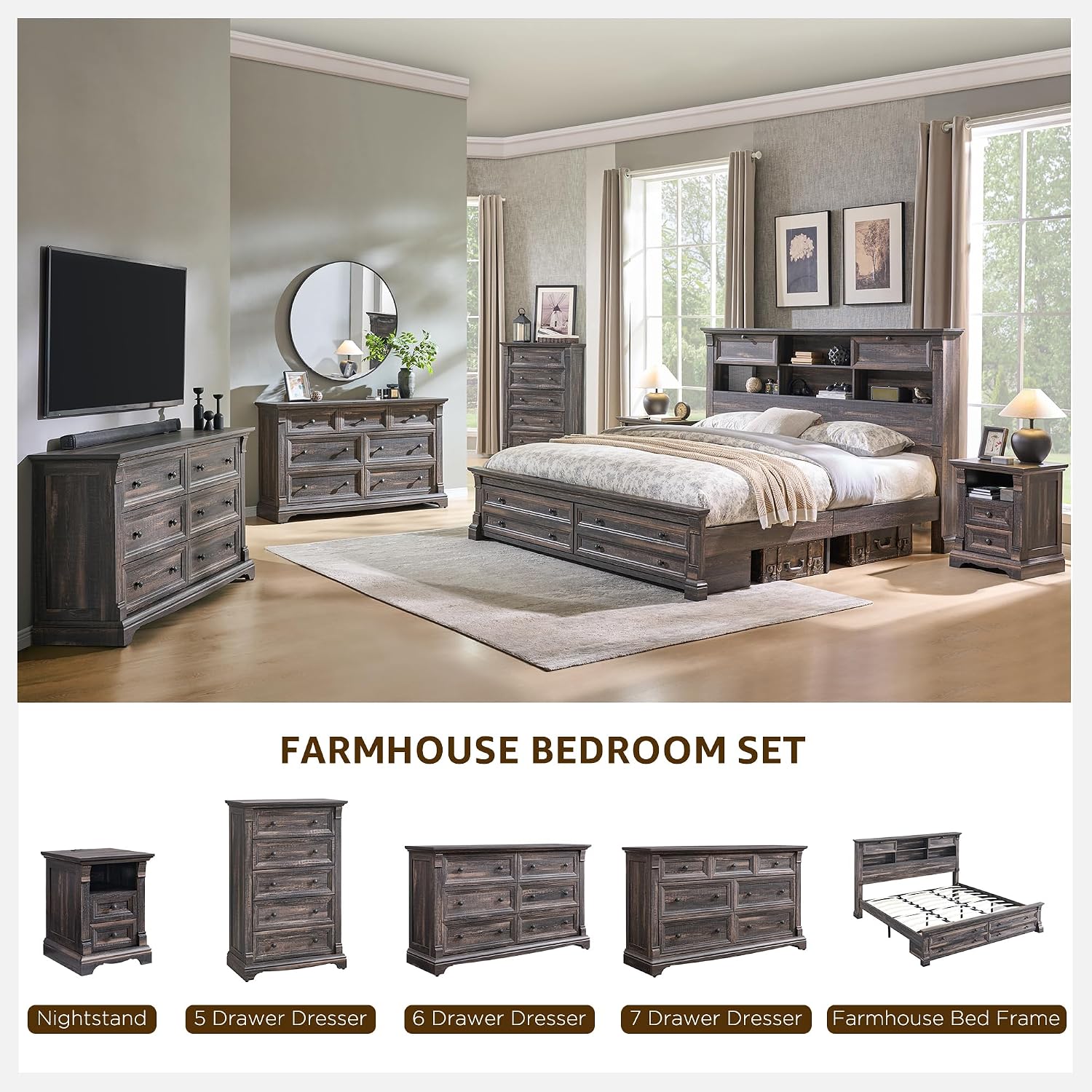 Farmhouse King Size Bed Frame with 54' Tall Storage Bookcase Headboard, Wood Platform Bed Frame with 18' Tall Roman Column Decoration Footboard & 2 Drawers, No Box Spring Needed(Dark Rustic Oak)