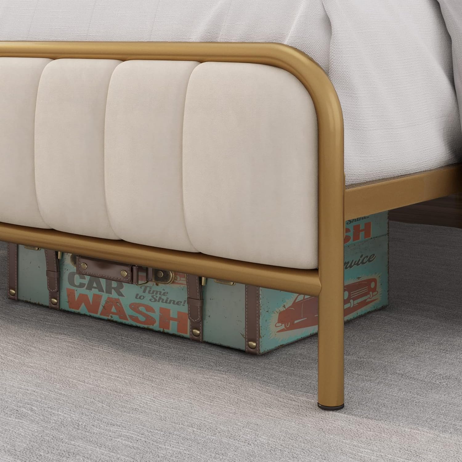 HITHOS Full Size Bed Frame with Button Tufted Headboard, Upholstered Heavy Duty Metal Mattress Foundation with Wooden Slats, Easy Assembly, No Box Spring Needed (Golden/Off White, Full)