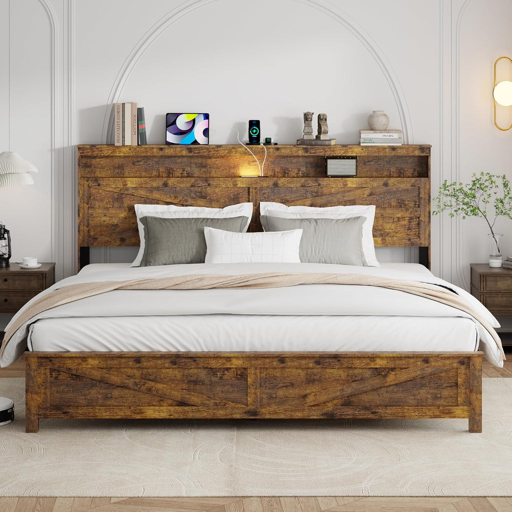 King Size Bed Frame with Headboard, Rustic Farmhouse Wood Bed Frame with LED Lights and Charging Station, Easy Assembly, No Box Spring Needed (Brown, King)