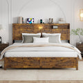 King Size Bed Frame with Headboard, Rustic Farmhouse Wood Bed Frame with LED Lights and Charging Station, Easy Assembly, No Box Spring Needed (Brown, King)