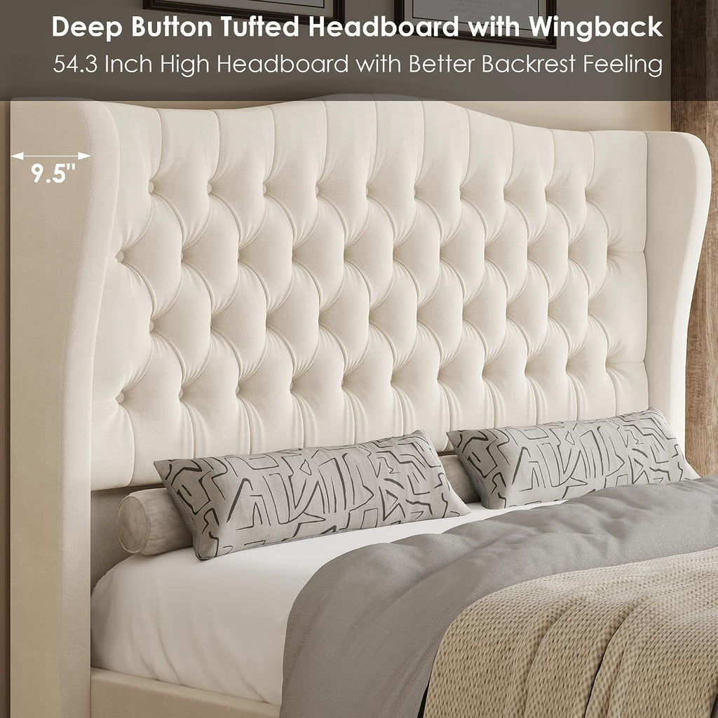 Keyluv Full Size 54.3' Tall Platform Bed Frame with Deep Button Tufted Wingback Headboard and Footboard, Velvet Upholstered Bed Frame with Handmade Pleats, No Box Spring Needed, Beige/Cream