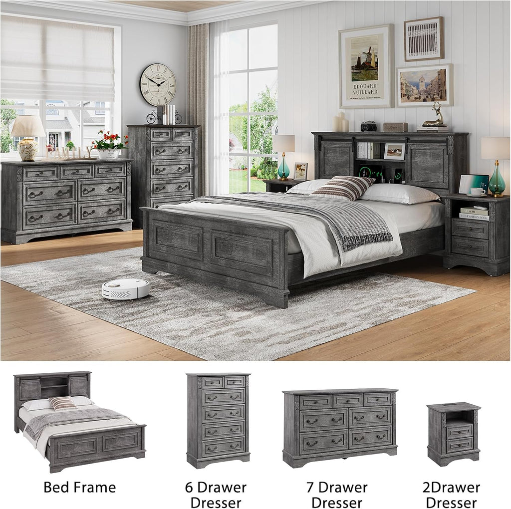 BLANKSPACE Queen Size Bed Frame with Storage Headboard, Charging Station, Farmhouse Bed Frame with Wood Bookcase and Sliding Barn Doors, Noiseless,No Box Spring Needed (Grey)