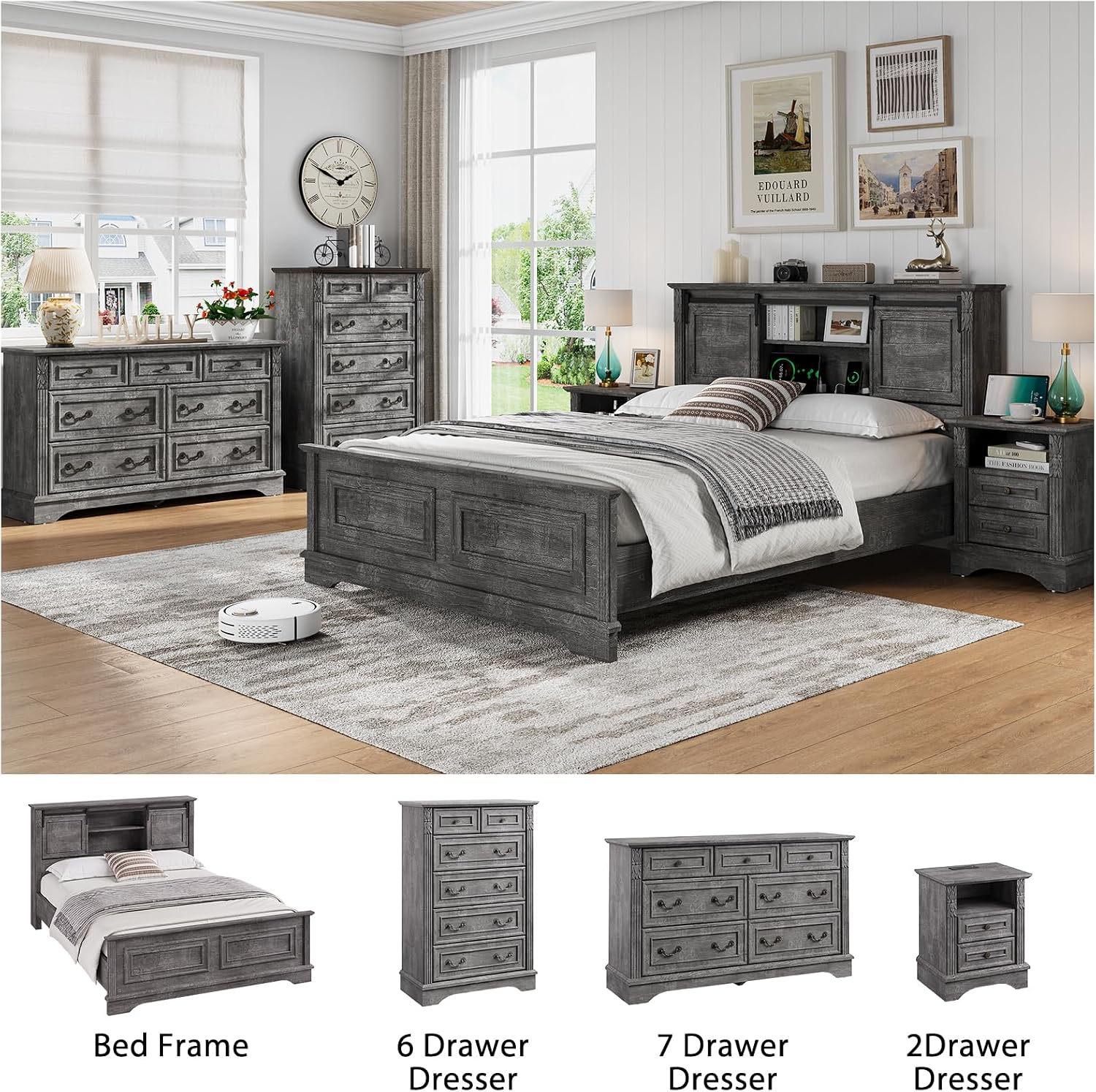 BLANKSPACE Queen Size Bed Frame with Storage Headboard, Charging Station, Farmhouse Bed Frame with Wood Bookcase and Sliding Barn Doors, Noiseless,No Box Spring Needed (Grey)