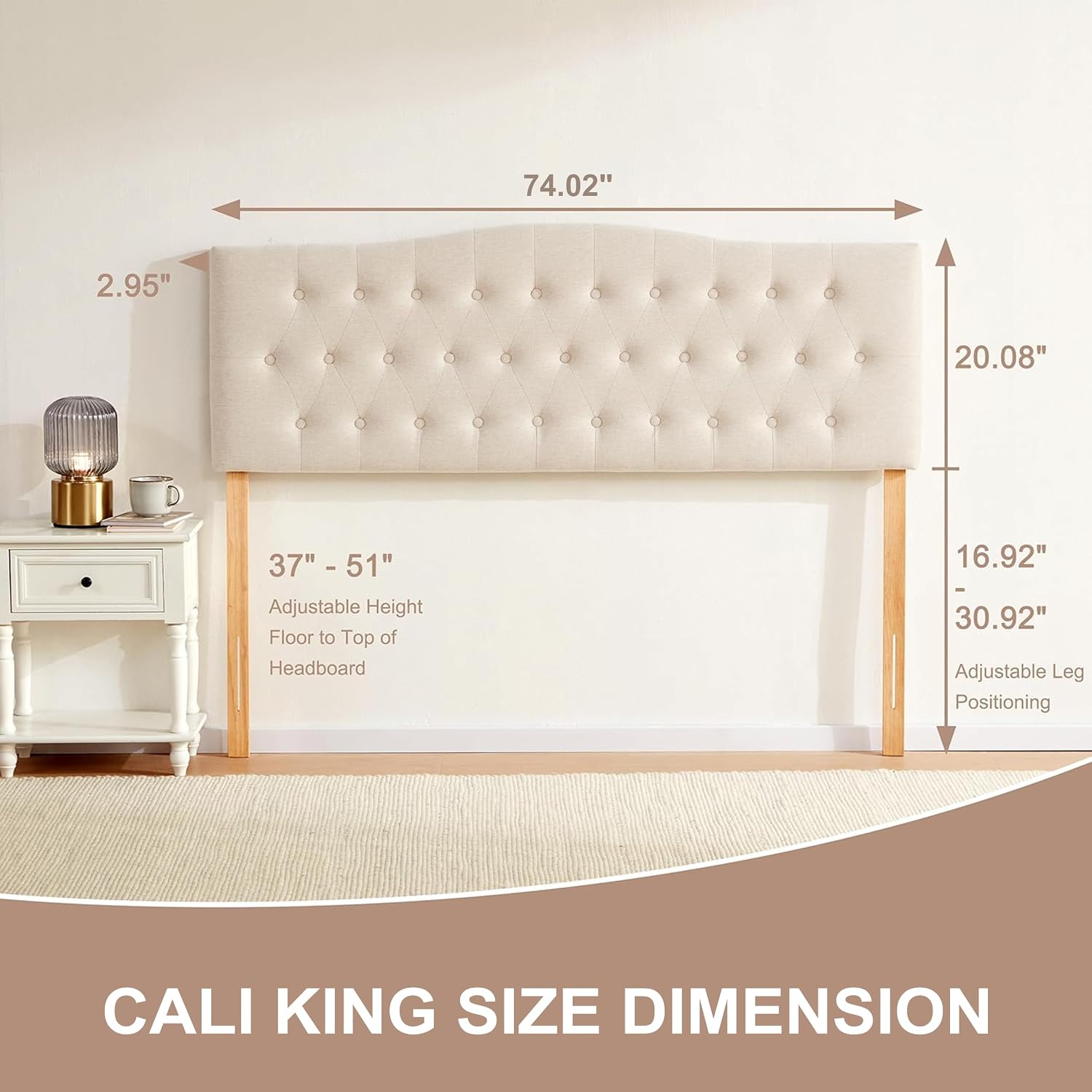 Huatean Home Tufted Upholstered Headboard California King, Sturdy and Durable Solid Wood Bed headboard, Fabric Headboard Adjustable Height from 37' to 51', Button Diamond Design Head Board, Beige