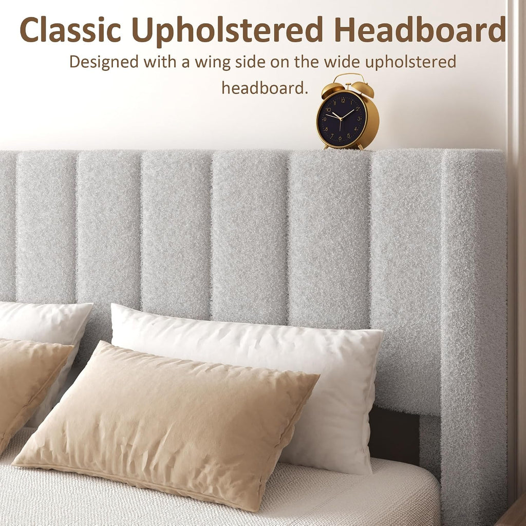 Full Bed Frame with Headboard Upholstered Platform Bed Frame with Teddy Velvet Headboard, Wooden Slats Support/Wing Edge Design/No Box Spring Needed/Easy Assembly, Grey Full
