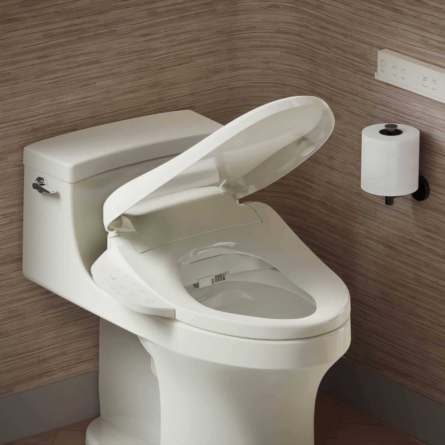 Kohler PureWash E725 Heated Bidet Toilet Seat Elongated, Biscuit with Remote, Warm Water, Dryer, Quiet-Close Lid, Self-Cleaning Wand, Adjustable Water Pressure, Nightlight