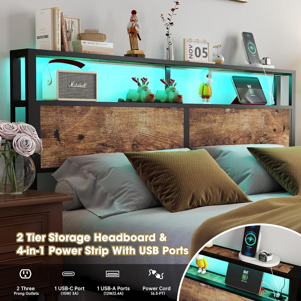 King Size Bed Frame with Headboard, Metal Platform Bed Frame with LED Lights & Charging Station, Under Bed Storage, Solid and Stable, No Box Spring Needed, Noise Free, Easy Assembly, Vintage Brown