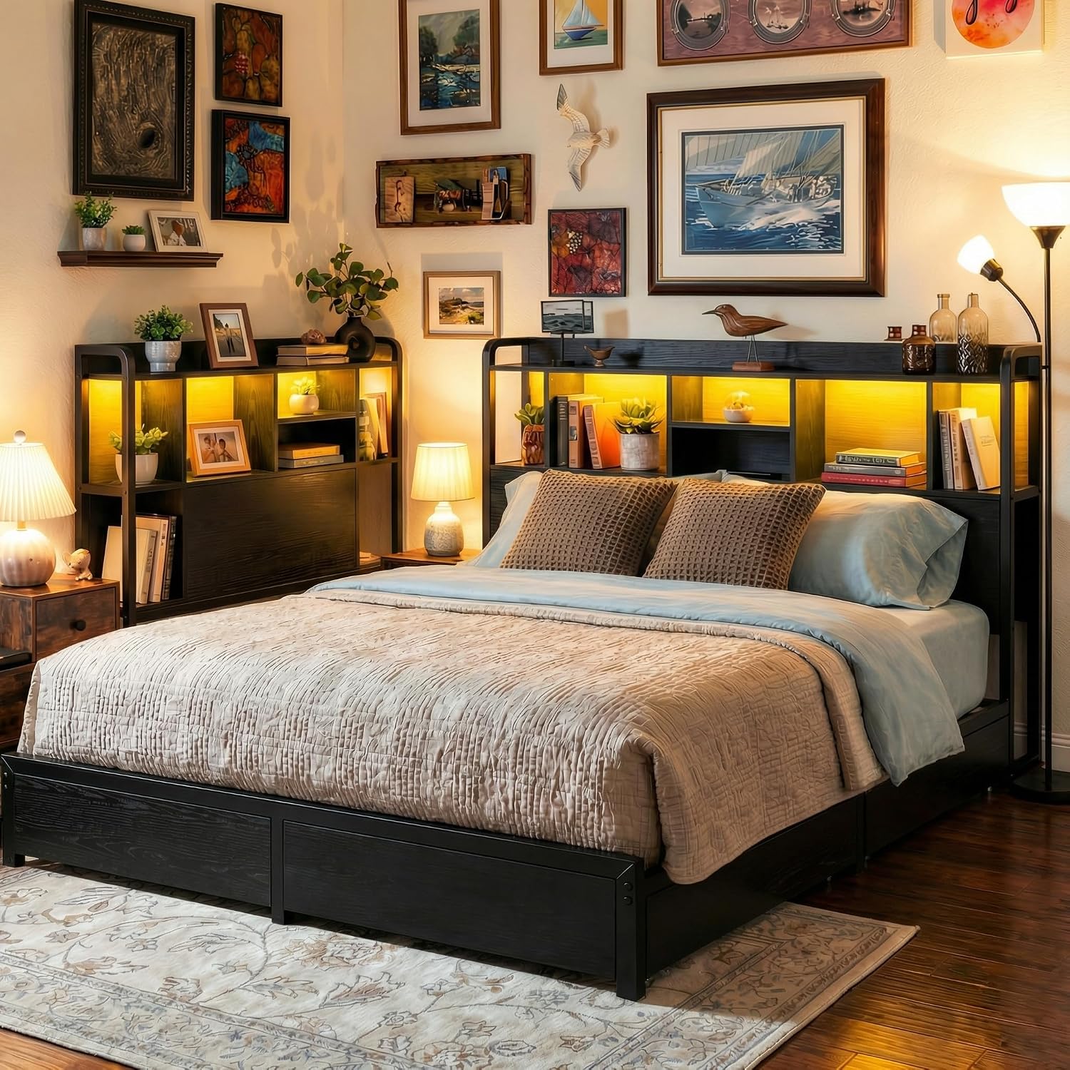 Homkdom King Size Bed Frame with Storage Headboard & 4 Large Drawers King Bed Frame with 51' Tall Headboard 9 Compartments Led Lights & Charging Station,No Box Spring Needed, No Noise,Black