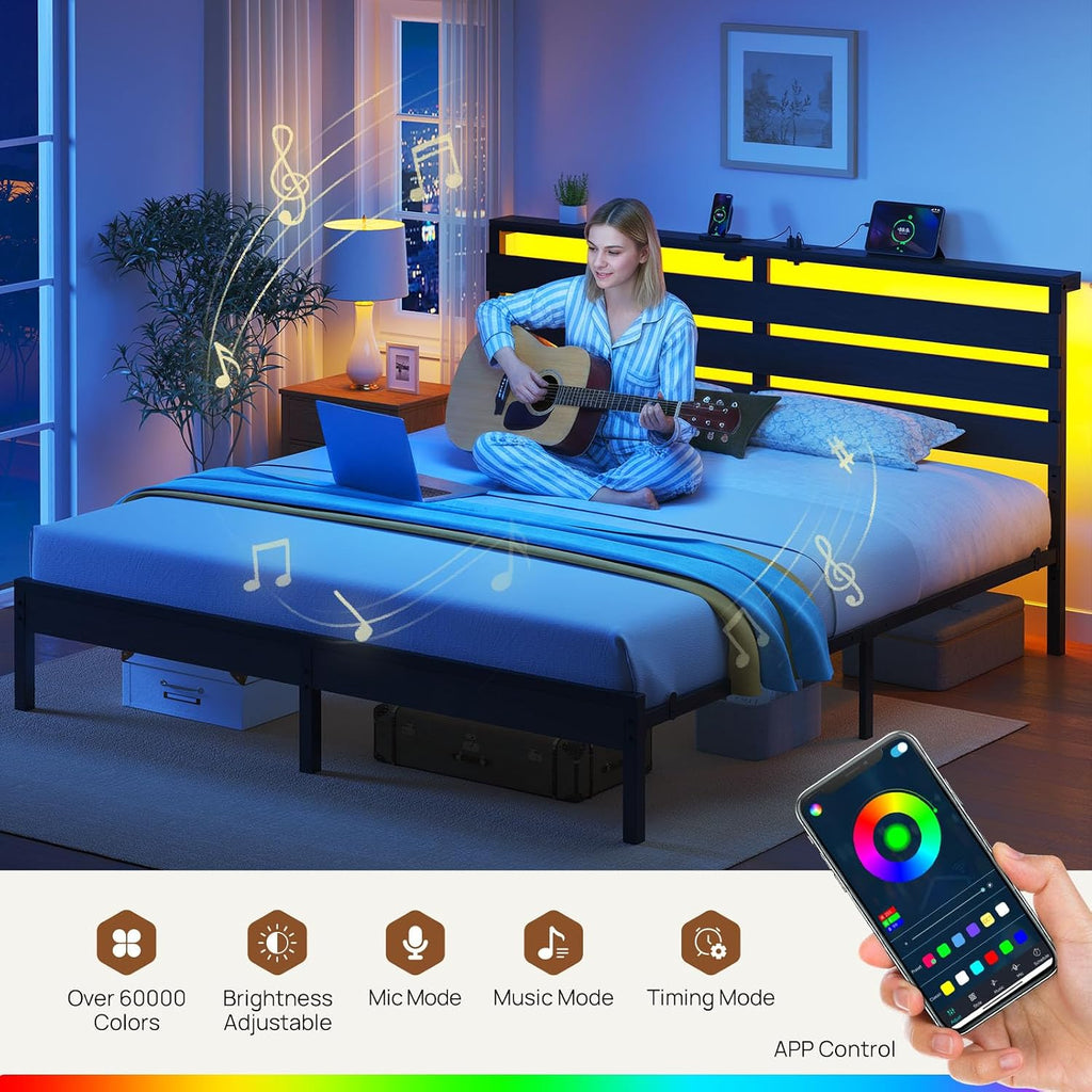 Rolanstar Bed Frame King Size with USB Charging Station, LED Bed Frame with Wood Storage Headboard, Black Metal Platform Bed with Under Bed Storage, No Box Spring Needed, Noise Free