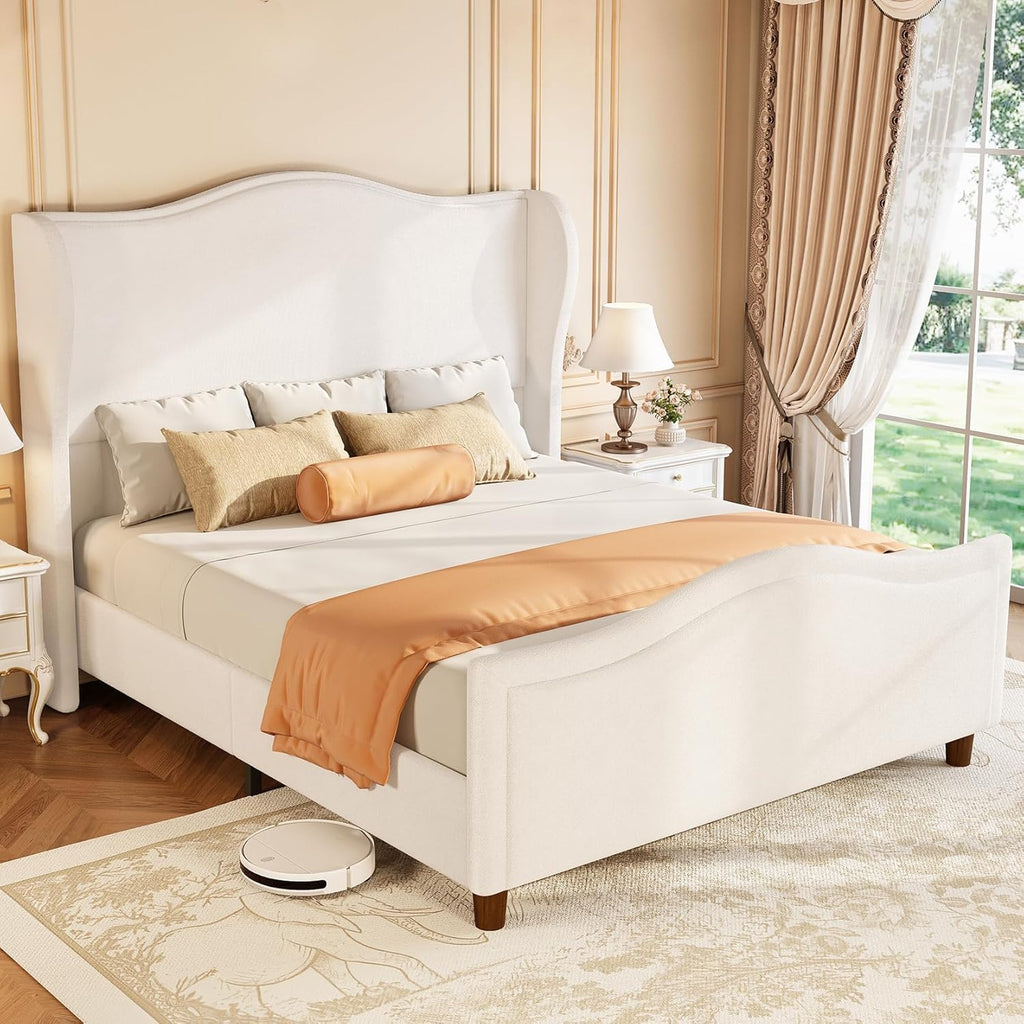 koorlian King Size Bed Frame Chenille Upholstered Platform Bed with Headboard and Footboard, 51' High Deep Tufted Wingback Sleigh Upholstered Bed, Modern Retro Minimalist Style, Easy Assembly, Cream