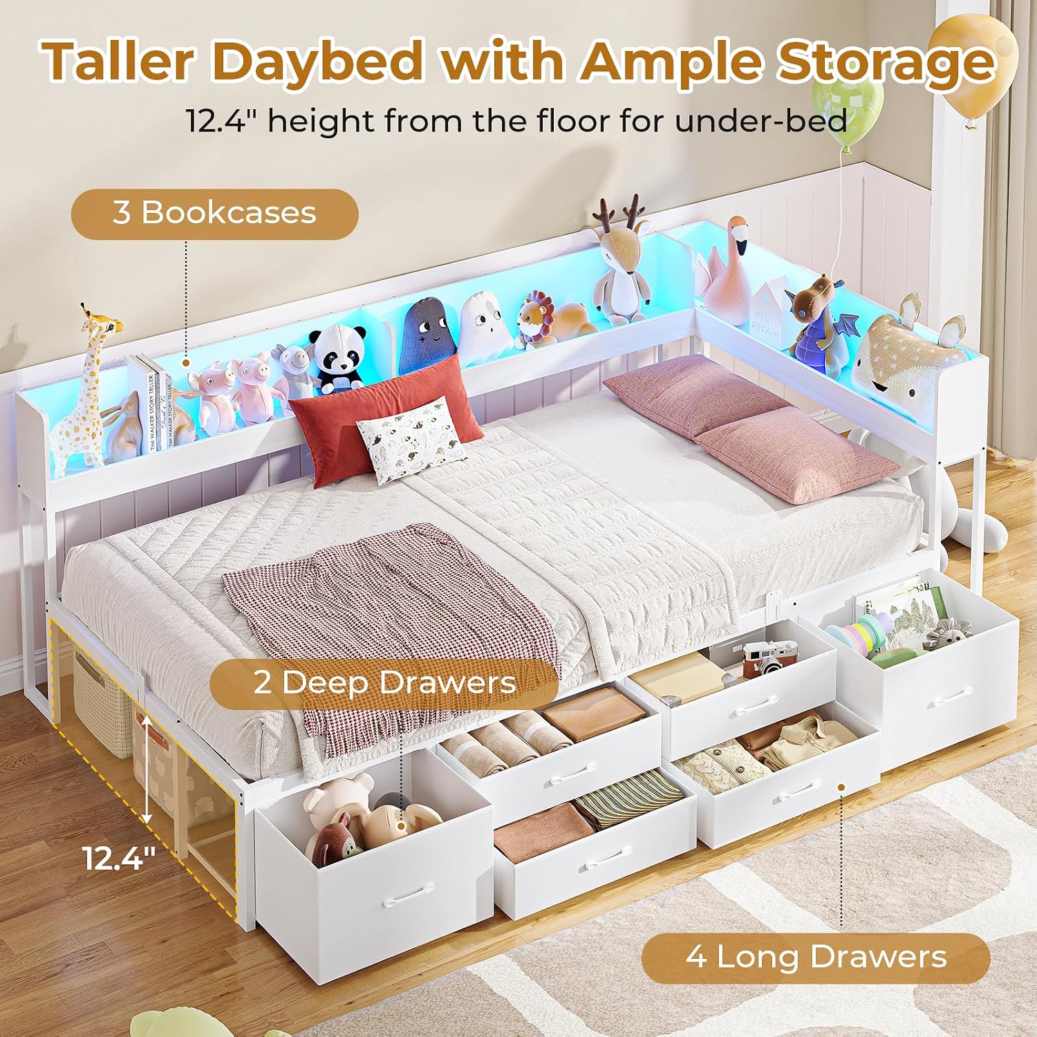 MSmask 14 Inch Corner Bed Frame with Bookcase Storage, Twin XL Daybed with 6 Drawers, Charging Station and LED Light, Twin XL Size Metal Platform Bed Frame for Kids Teenagers, White