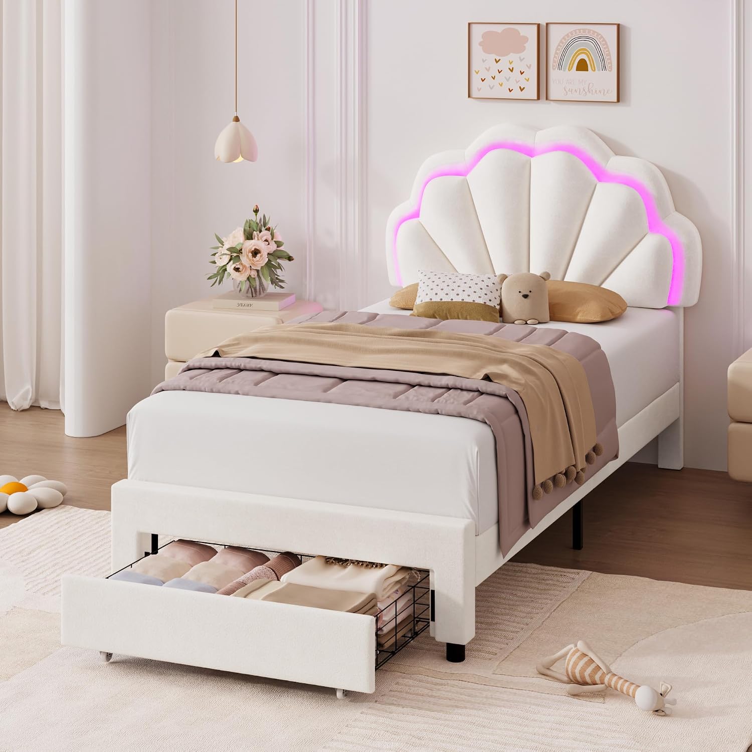 HIFIT Twin Upholstered Smart LED Bed Frame with Storage Drawer and Adjustable Chic Double Petal Headboard, Princess Platform Bed for Girls/Kids, Solid Wood Slat Support/No Box Spring Needed, Beige
