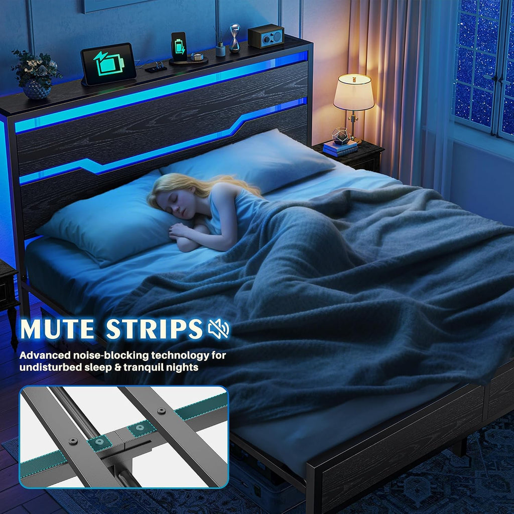 Homkdom Full Size Bed Frame with LED Lights & Charging Station, Industrial Metal Platform Bed with 13' Large Under-Bed Storage, Heavy Duty Slats,Noise-Free, No Box Spring Needed, Modern Black