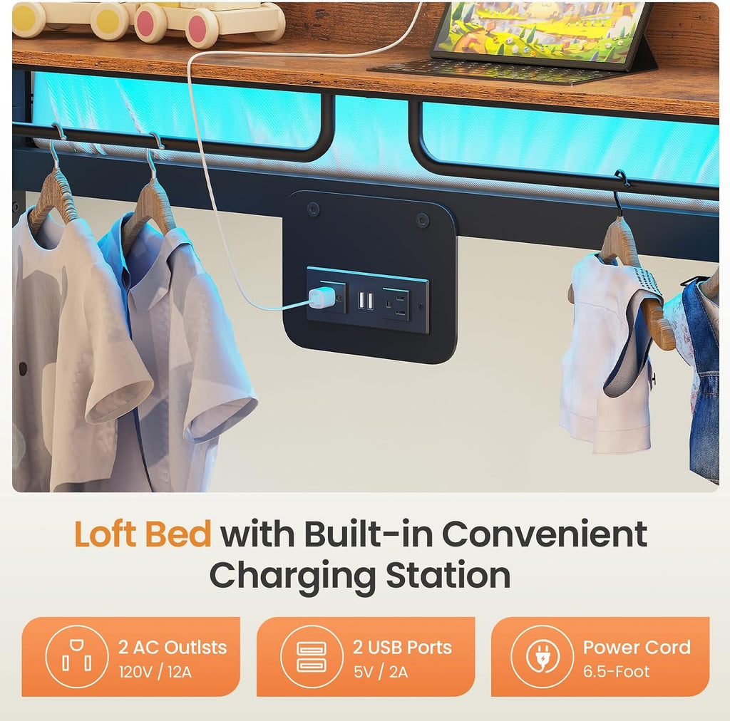 Itaar Metal Bunk Bed Full Over Full with Hall Tree, Power Outlet, LED Bunk Bed with 6 Storage Drawers, Bed with 13'' Safety Guardrail & Ladders for Kids and Teen, 400lb Weight Capacity, Rustic Brown
